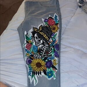 Hand-Painted Floral Skeleton Jeans